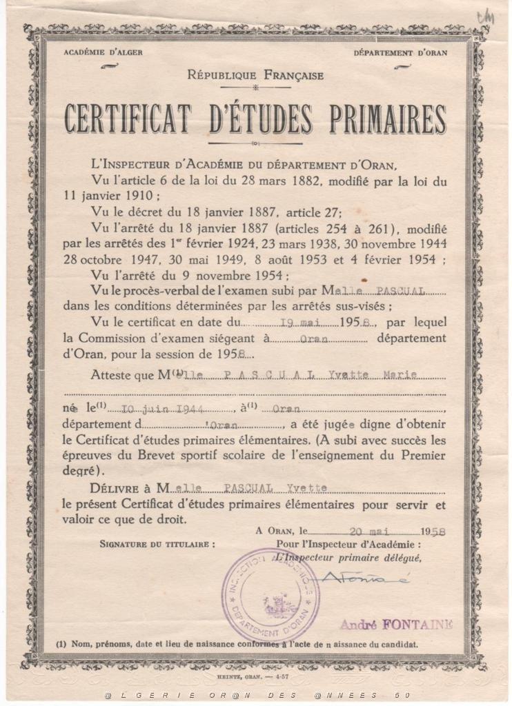ORAN SCOLARITE LE CERTIFICAT D ETUDES YVETTE PASCUAL 19 MAI 1958.JPG